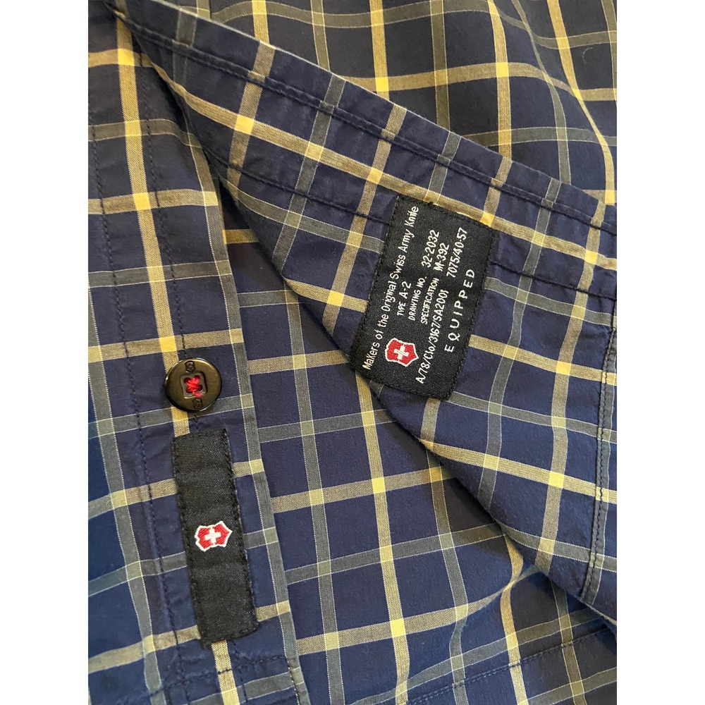 Victorinox Swiss Army Shirt XL Navy Blue Yellow Plaid S/S Cotton Utility Rugged - Picture 4 of 8